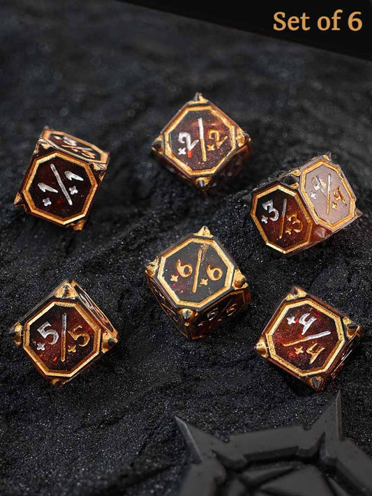 A set of five red, black, and gold miniature D6 +1/+1 counter dice on a black background, with animal slashes instead of dot style pips for trading card games like Magic The Gathering (MTG).