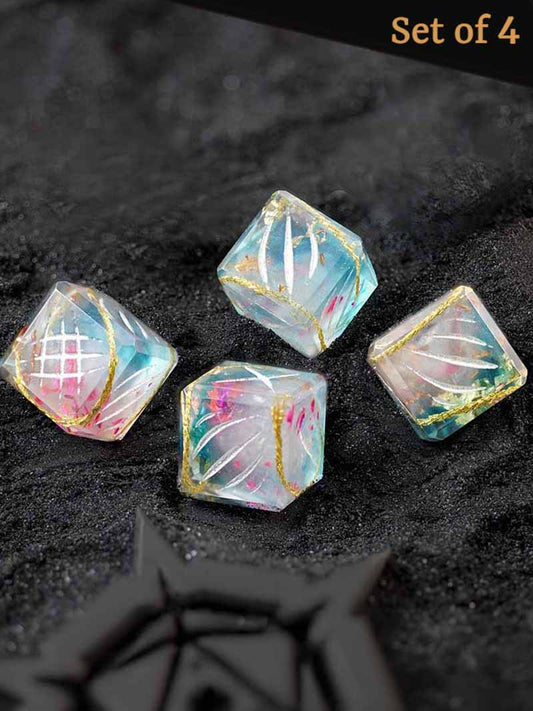 A set of four blue, white, and pink miniature D6 dice on a black background, with animal slashes instead of dot style pips for tabletop gaming.